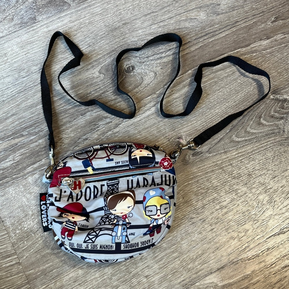Harajuku Lovers Gwen Stefani Paris Print Crossbody Bag Gray Pink Y2K Kawaii